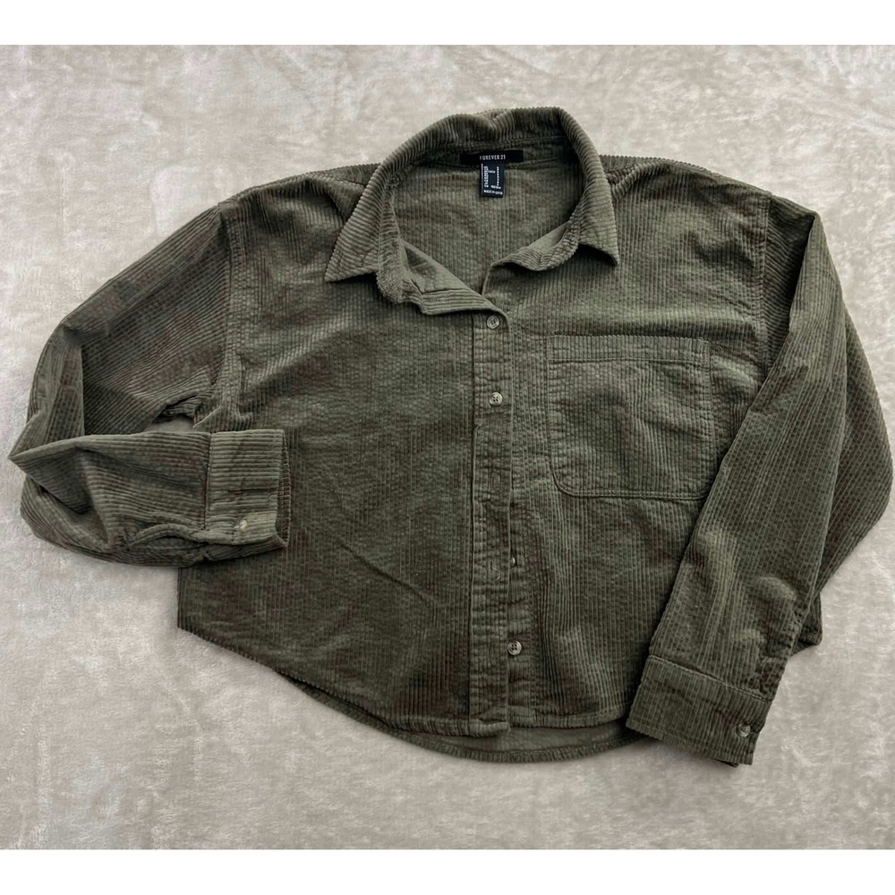 Forever 21 Womens Small Olive Green Corduroy Button Down Cropped Shirt Cotton